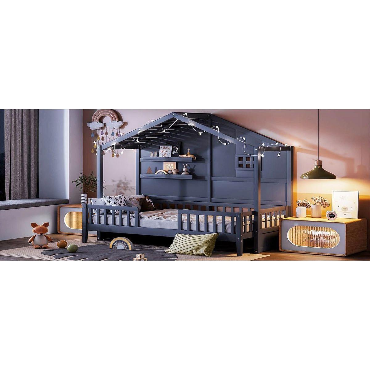 Twin Size House Bed with Shelves, House Bed with Window and Sparkling Light Strip on the Roof, Gray