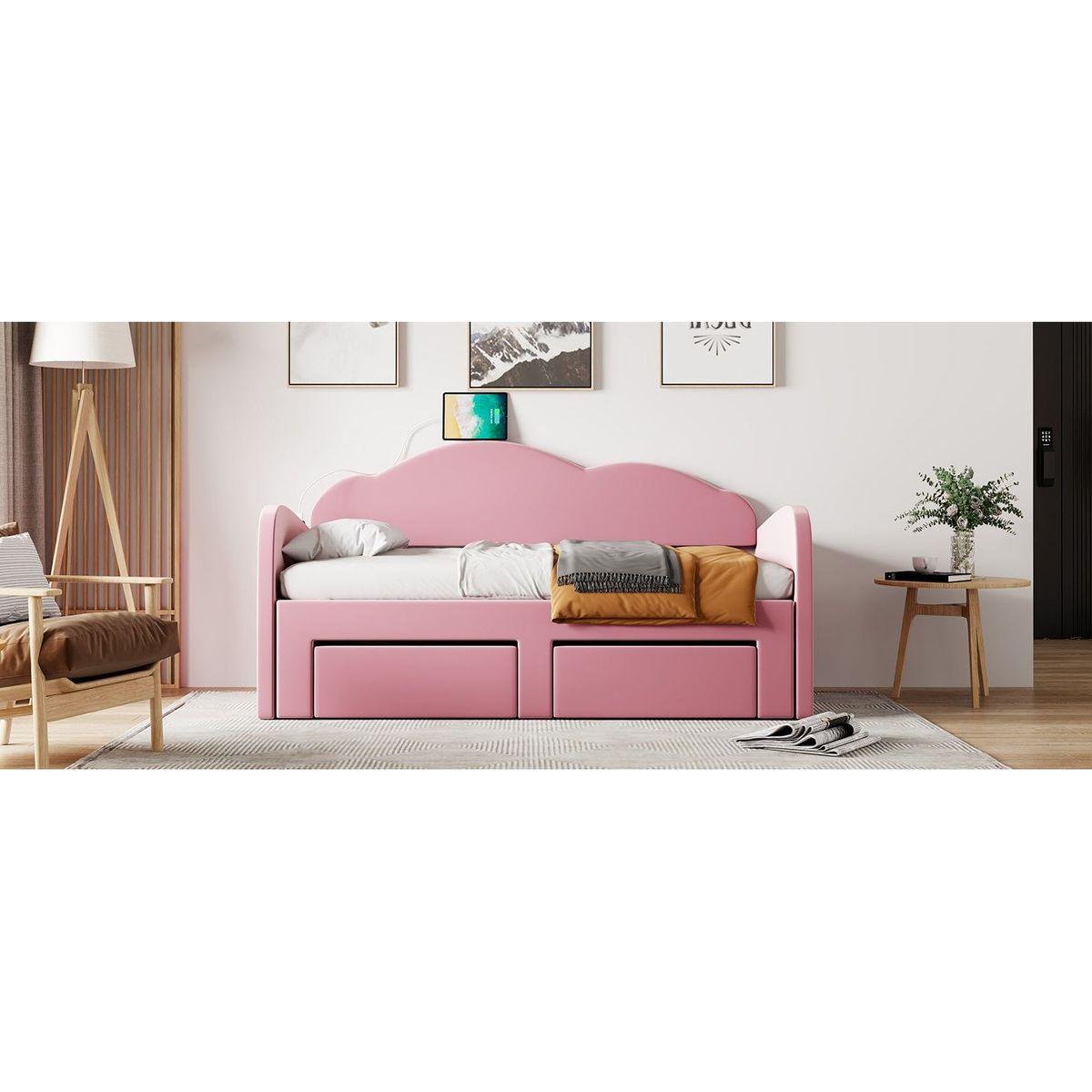 Twin Size Upholstered daybed with Cloud-Shaped Backrest, Trundle & 2 Drawers and USB Ports, Pink