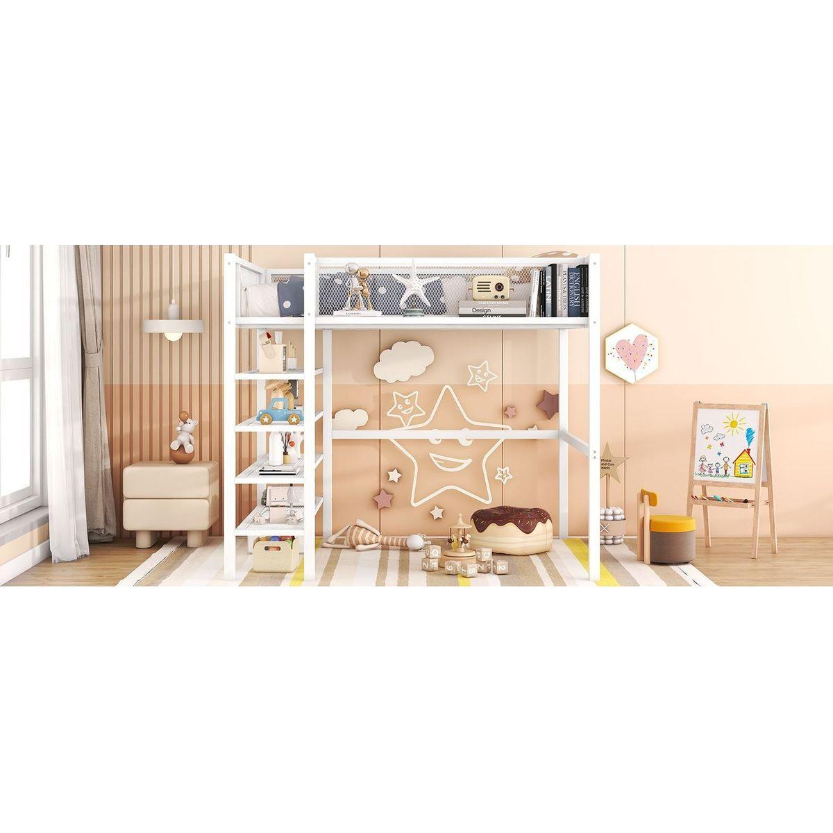 Full Size Metal Loft Bed with 4-Tier Shelves and Storage, White