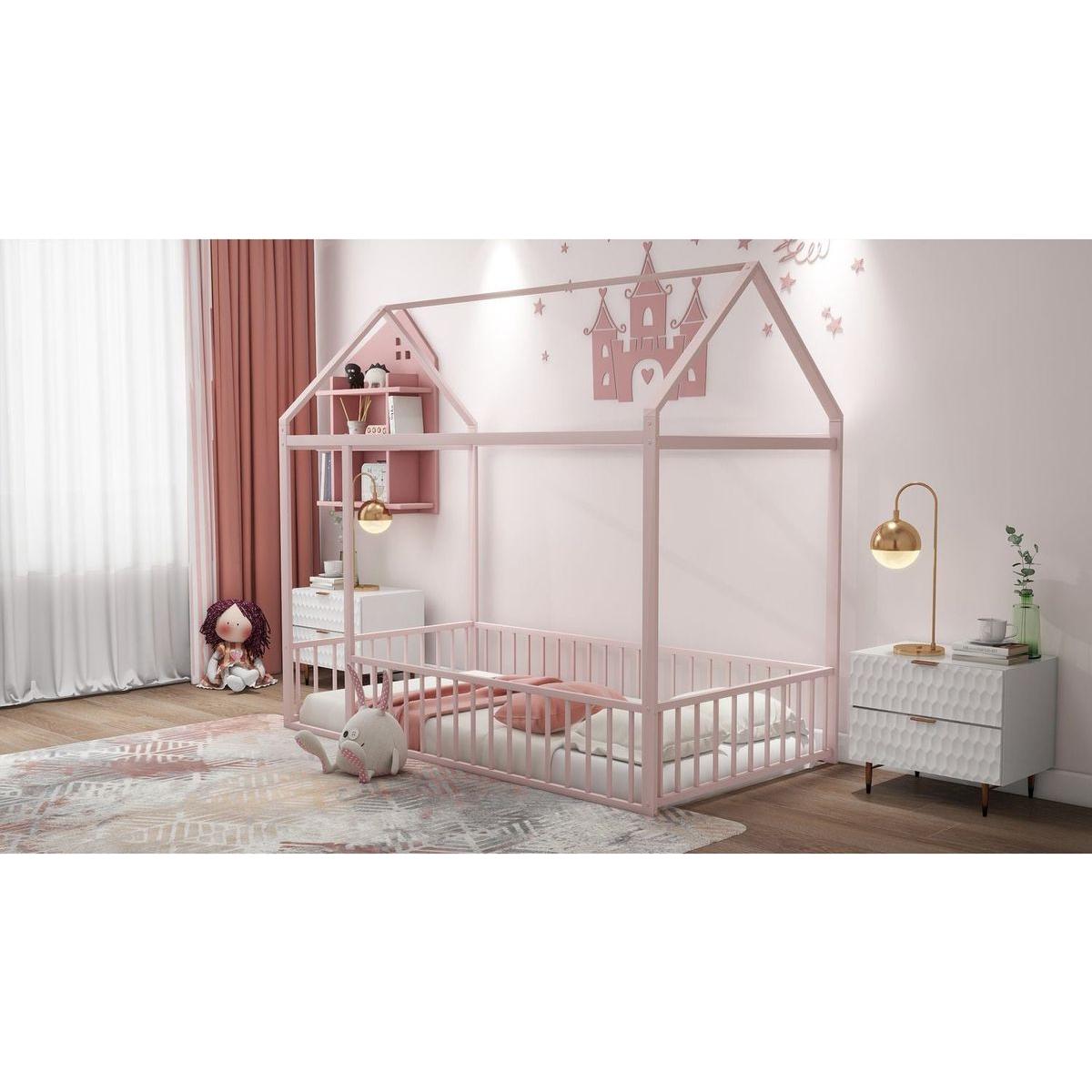 Twin Size Metal Bed House Bed Frame with Fence, for Kids, Teens, Girls, Boys, Pink - Streamdale Furniture
