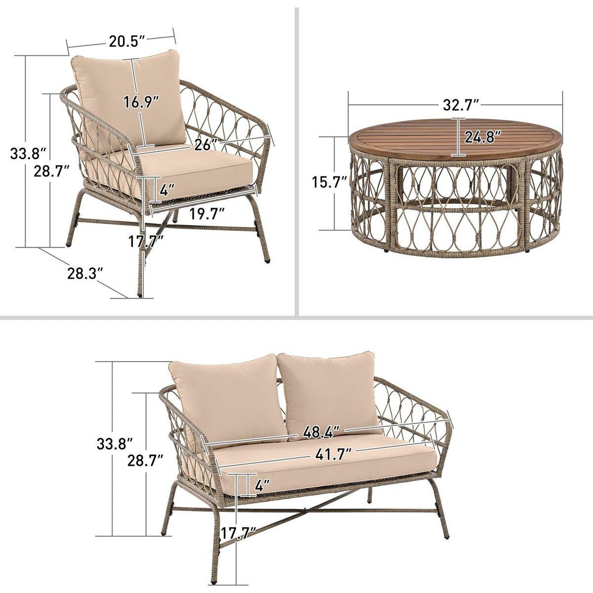GO Bohemia-inspired 4-Person Outdoor Seating Group With Removable Cushions, Conversation Patio Set With Wood Tabletop, Beige