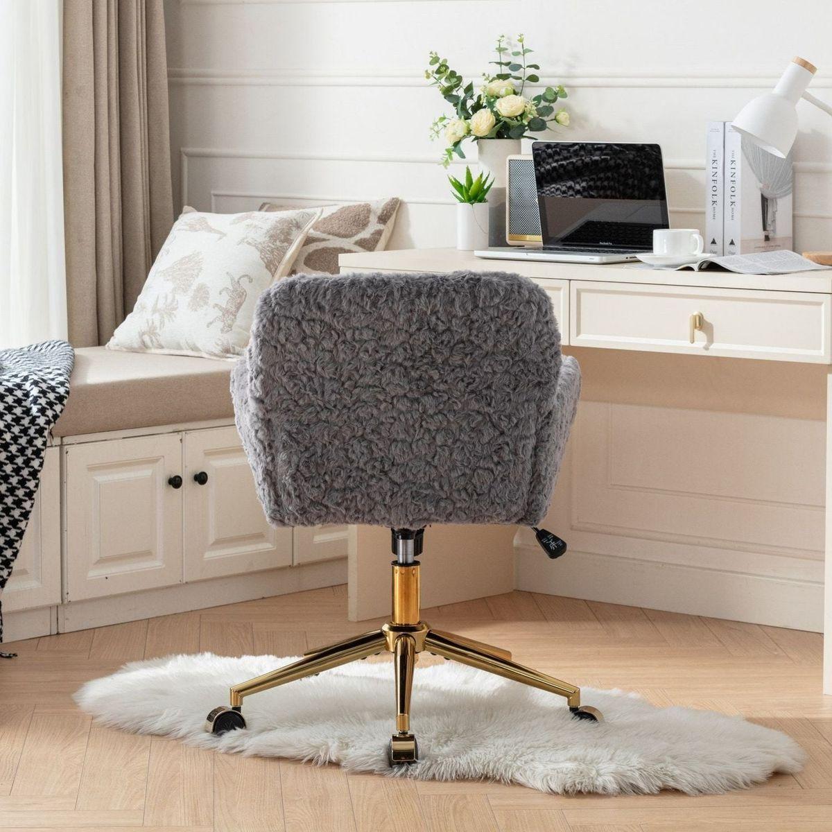 Office Chair,Artificial rabbit hair Home Office Chair with Golden Metal Base,Adjustable Desk Chair Swivel Office Chair,Vanity Chair(Gray)