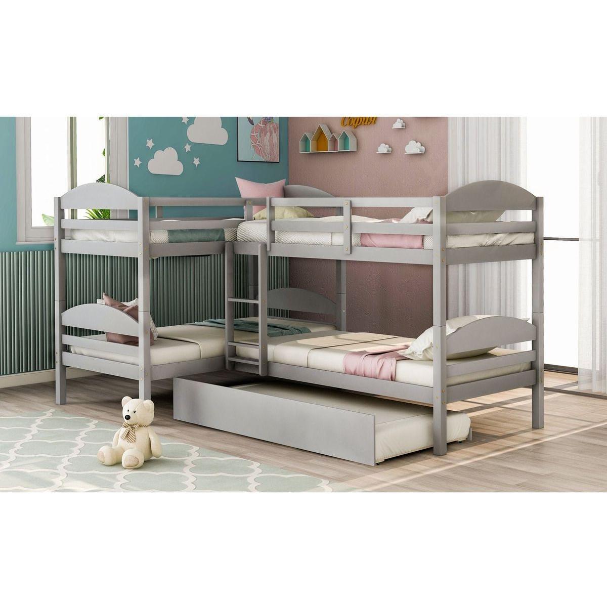 Twin L-Shaped Bunk bed with Trundle-Gray{O