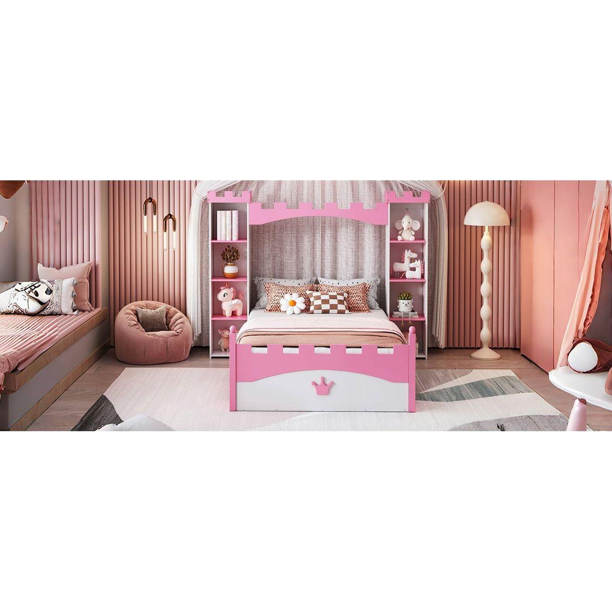 Castle-Shaped Wooden Bed with Storage Shelf, Dreamy Twin Size Platform Bed for Kids Bedroom, White + Pink