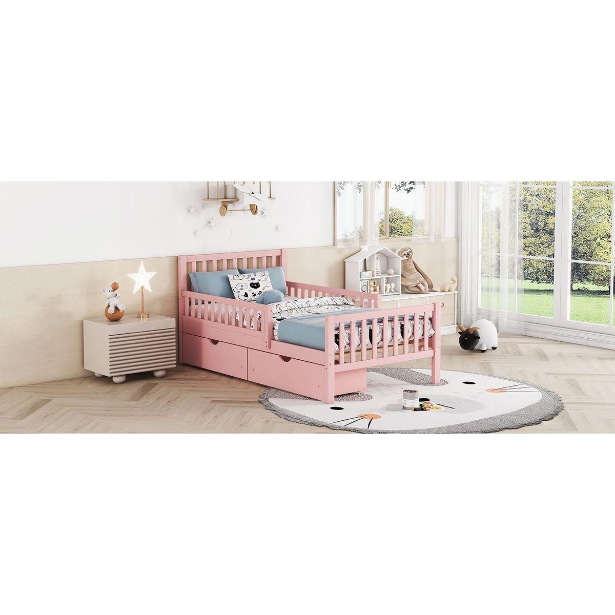 Twin Size Wood Platform Bed with Guardrails on Both Sides and Two Storage Drawers, Pink