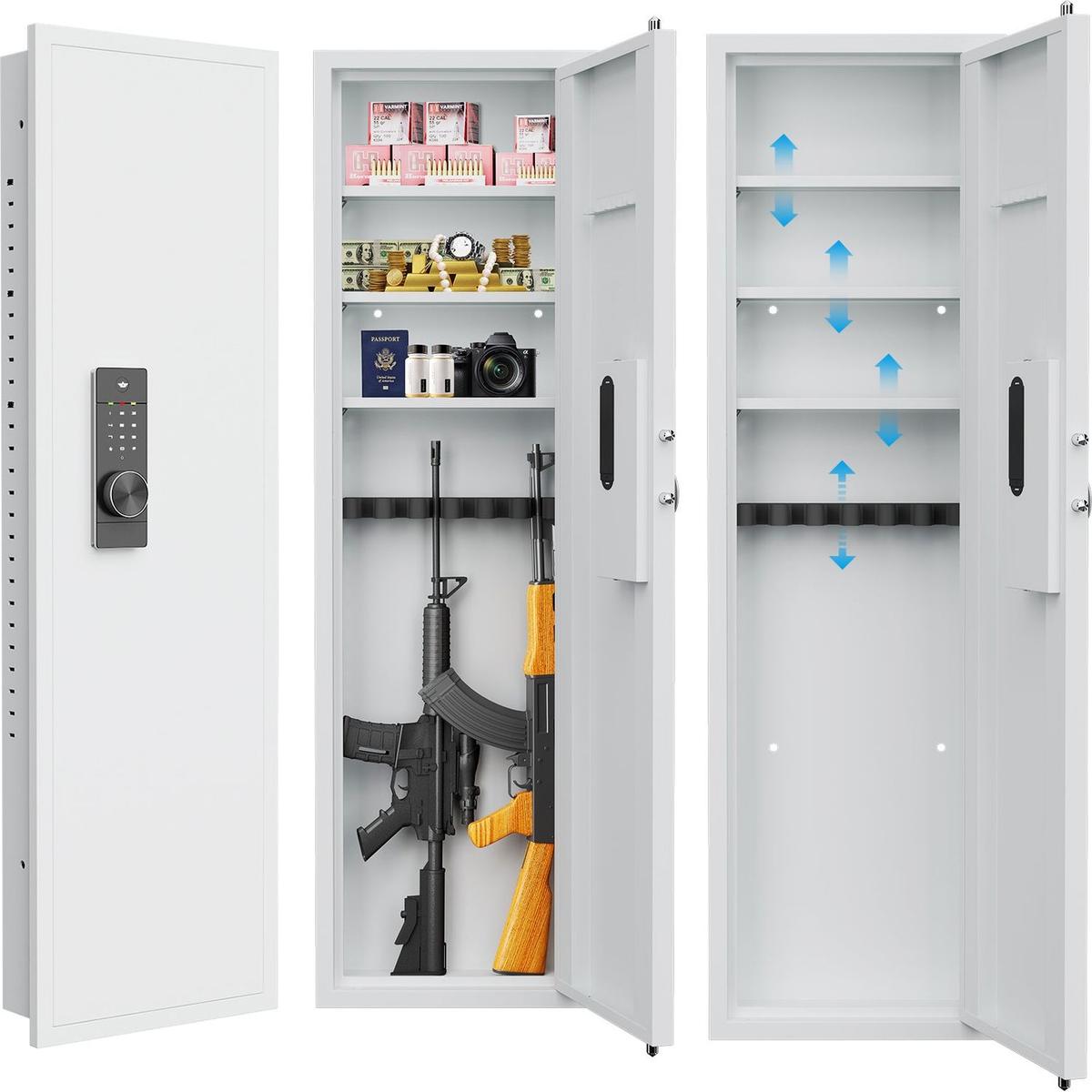 53" Passwod Touch Panel In-Wall Safe,Hidden Wall Gun Safe for Rifles with Adjustable Shelves,Assembled Storage Multifunctional Wall Safe for Firearm and Valuables (White-Digital)