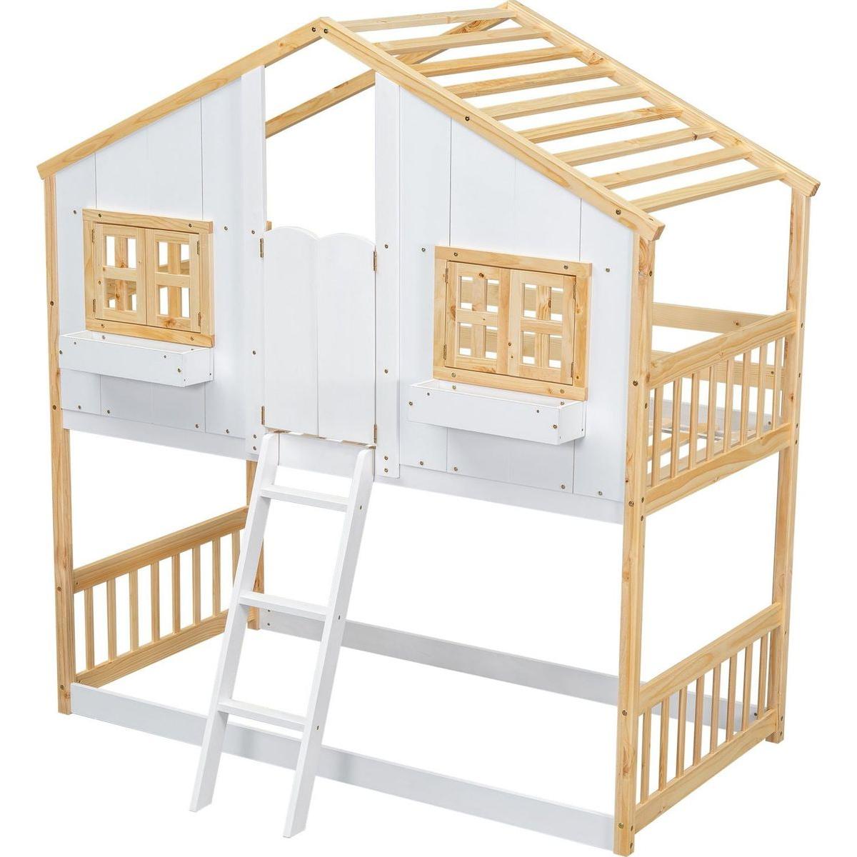 Twin over Twin House Bunk Bed with Roof, Window, Window Box, Door, with Safety Guardrails and Ladder, Natural/White