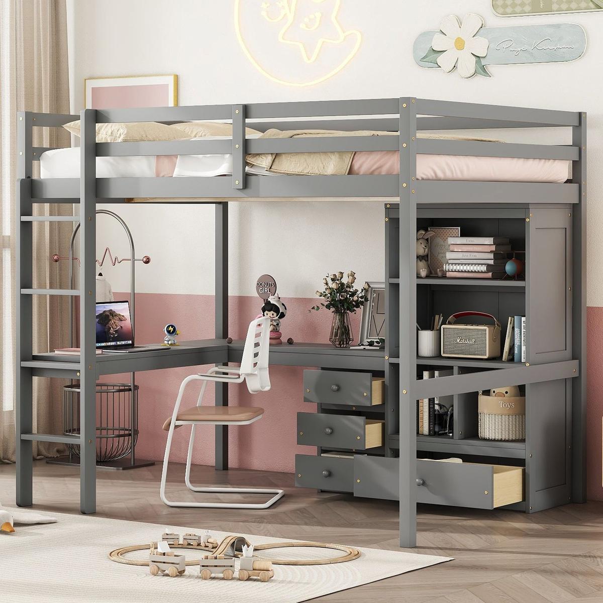 Full Size Loft Wood Bed with Desk, Storage shelves and Drawers, Built-in Ladder, High Loft Bed with Desk, Storage Shelves and Drawers,Guardrails,Grey