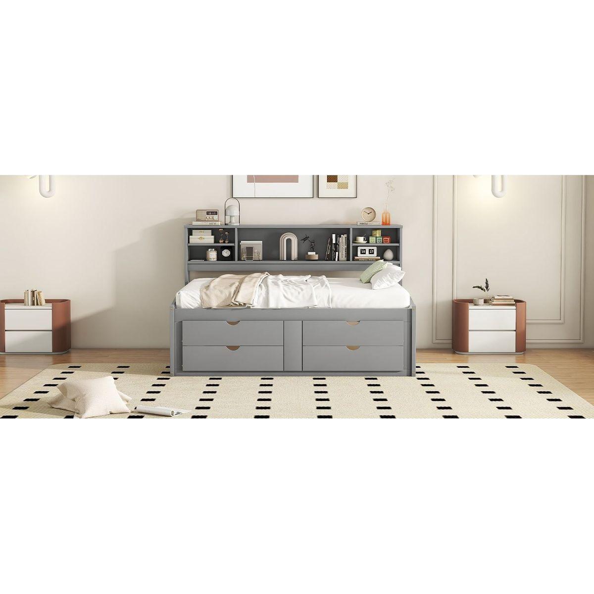 Full Size Wood Daybed with 2 Bedside Cabinets, Upper Shelves and 4 Drawers, Gray