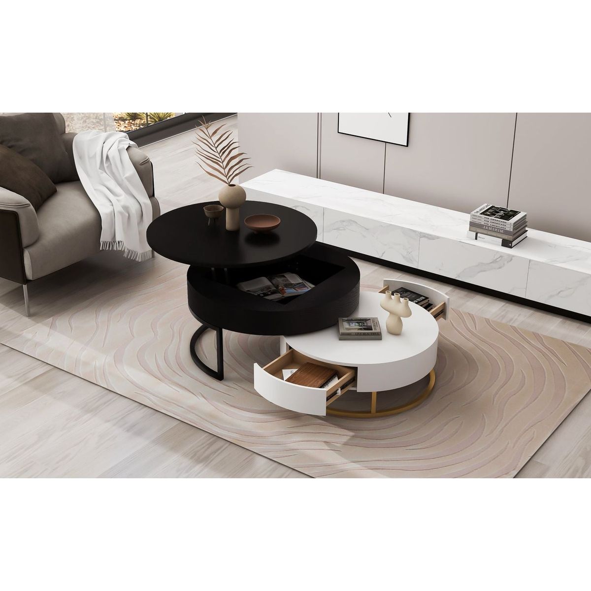 Modern Round Lift-top Nesting Coffee Tables with 2 Drawers White & Black