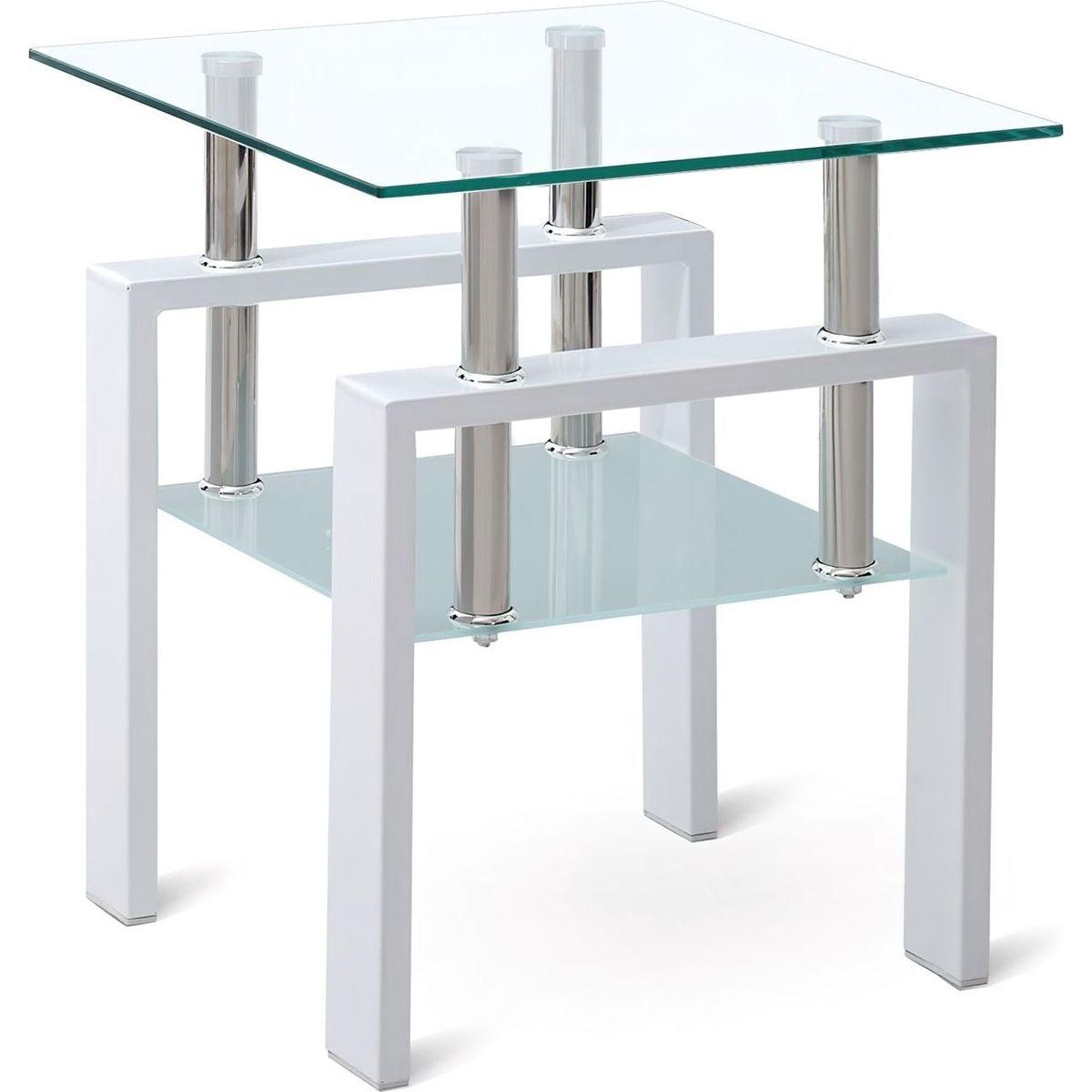 White Tempered Clear Glass End Table, 2-Layers Small Table with Storage, Living Room Side Table