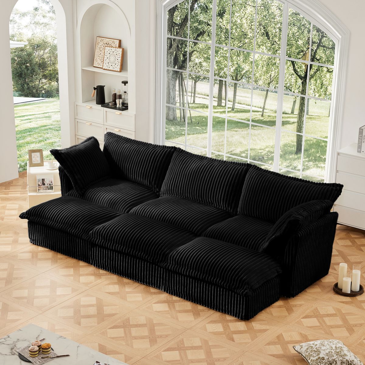 Living Room Sofa Slipcovered Sofa 3 Seater Sofa With 3 Ottomans, Oversized 3-Seat Sleeper Sofa Bed Home Theater Sofa, Corduroy, Black