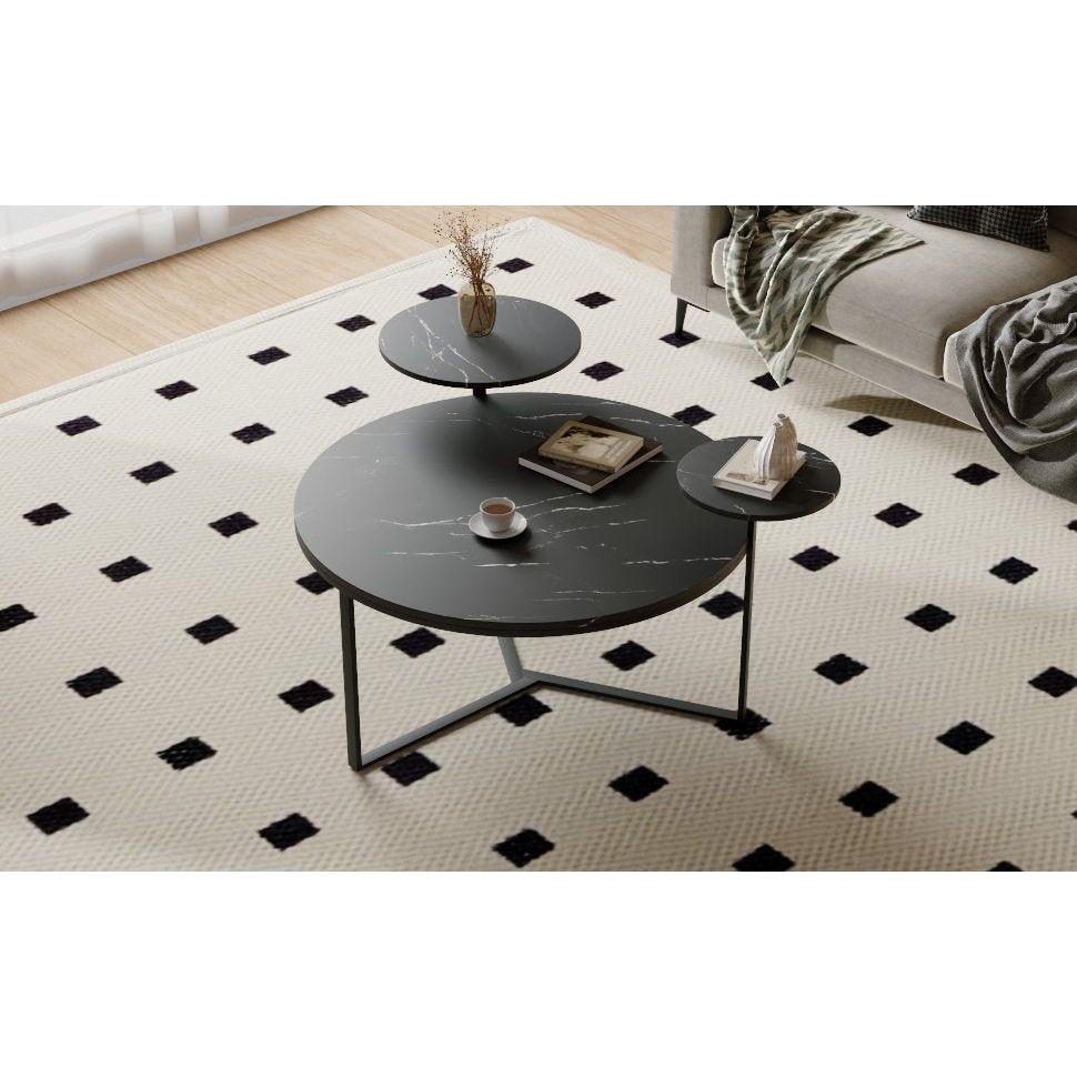 Modern coffee table with two display shelves, Black Faux marble surfaces, Tripod-inspired base,Rounded tabletop edges