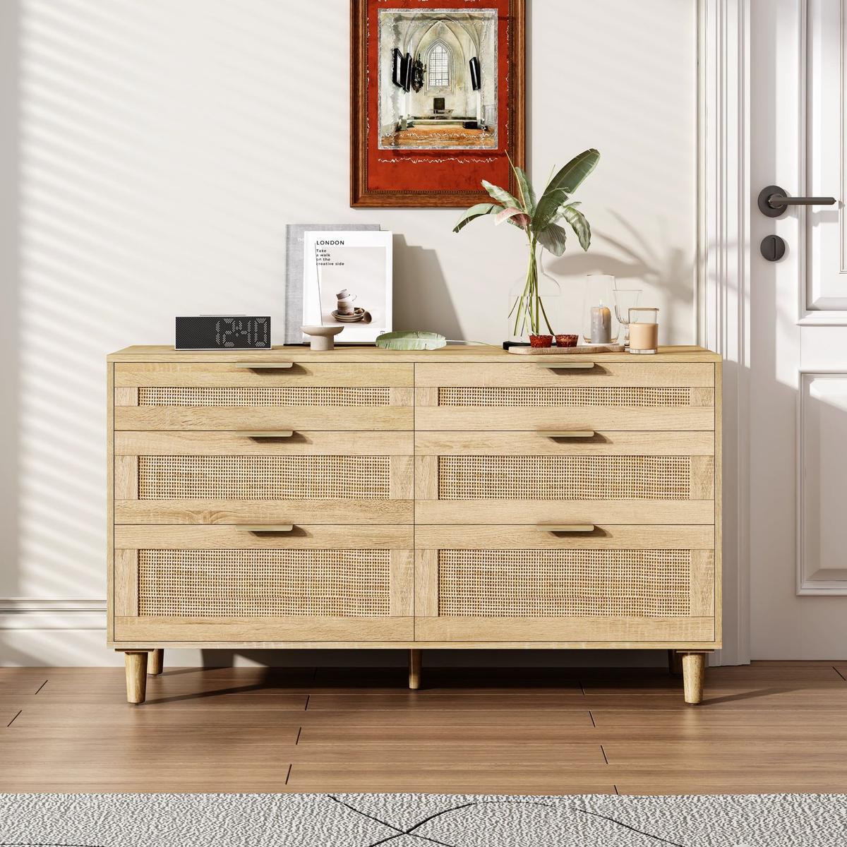 51" Rattan Dresser with Drawers, 6 Drawer Dresser for Bedroom, Clothes Storage Cabinet for Bedroom, Metal Handle&Wood Legs for Hallway, Living Room, Bedroom,Natural
