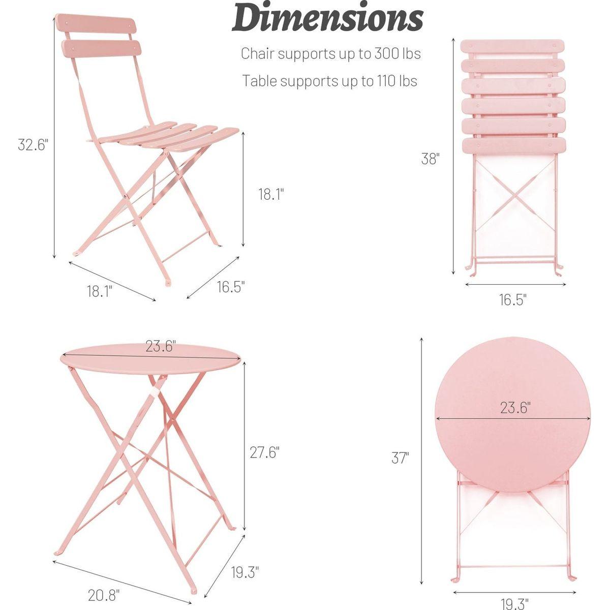 3 Pieces Patio Bistro Balcony Metail Chair Table Set-Pink
