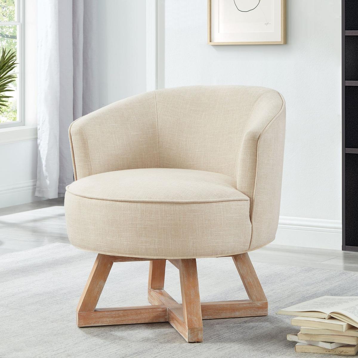 Swivel chair with cross-shaped wooden base,Lounge chair with solid wood legs, 360freely Swivel chair, Classic linen Fabric for living room, bedroom, office, dresser -Beige - Streamdale Furniture