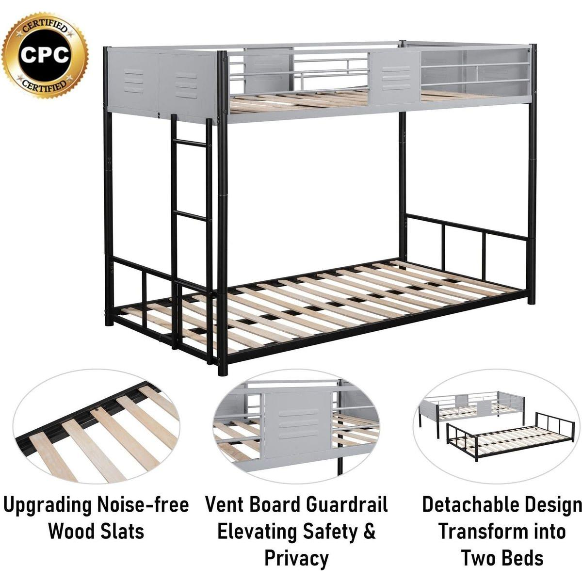 Metal Twin over Twin Bunk Bed with Vent Board/ Heavy-duty Sturdy Metal/ Noise Reduced/ Safety Guardrail/ CPC Certified