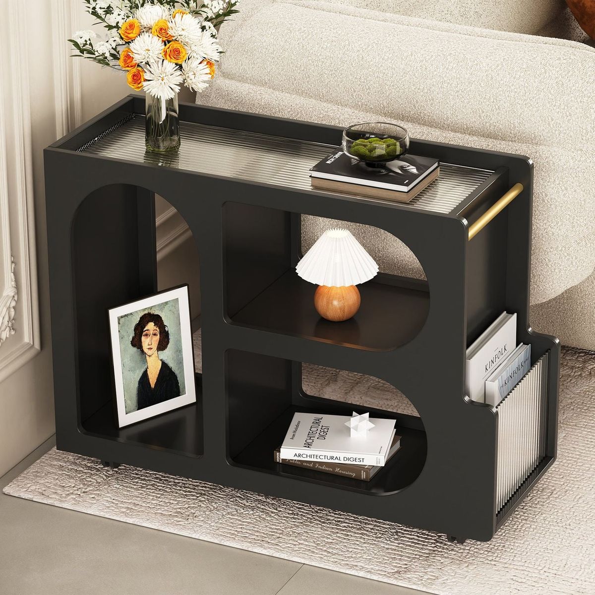 Mobile End Table with Lockable Wheels, Narrow Coffee Table with 5mm Thick Fluted Tempered Glass, Modern Nightstand with Golden Round Rod, Living Room, Black, 31.5"W x11.8"D x 23.1"H