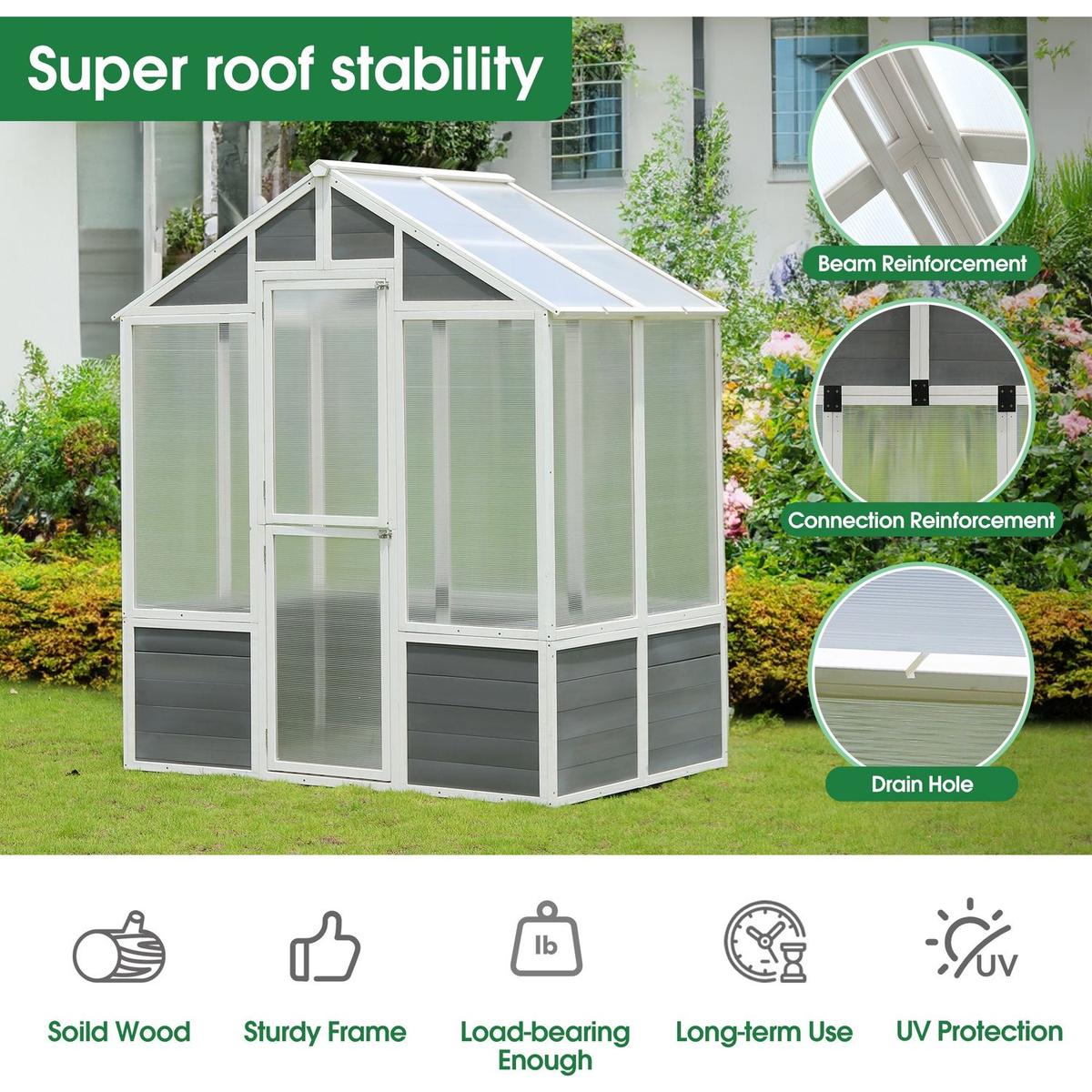 Greenhouse, Wooden Greenhouse Polycarbonate Garden Shed for Plants, 76"x48"x86" Walk-in Outdoor Plant Gardening Greenhouse for Patio Backyard Lawn, Grow House with Front Entry Door