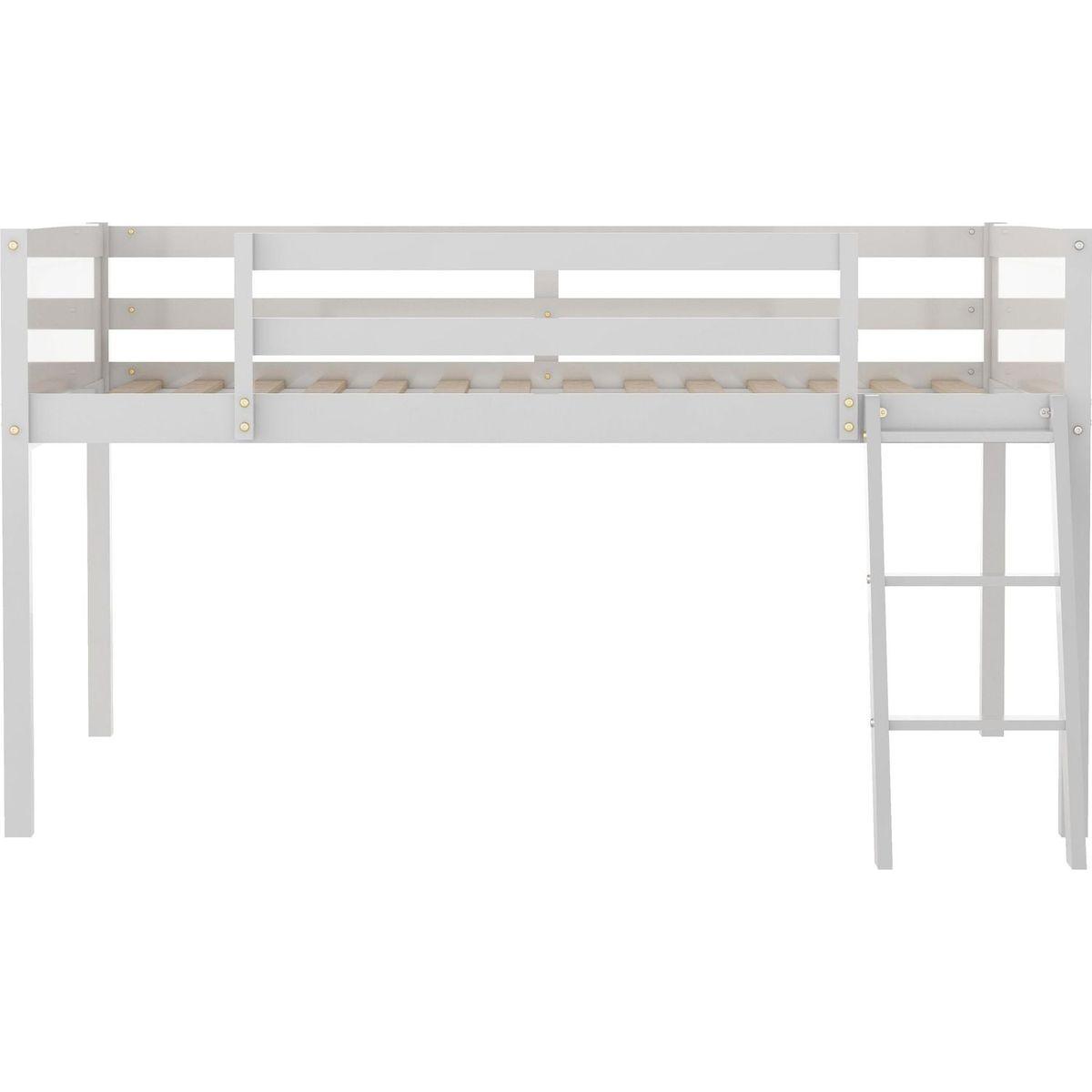 Full Size Wood Low Loft Bed with Ladder, ladder can be placed on the left or right, White(O