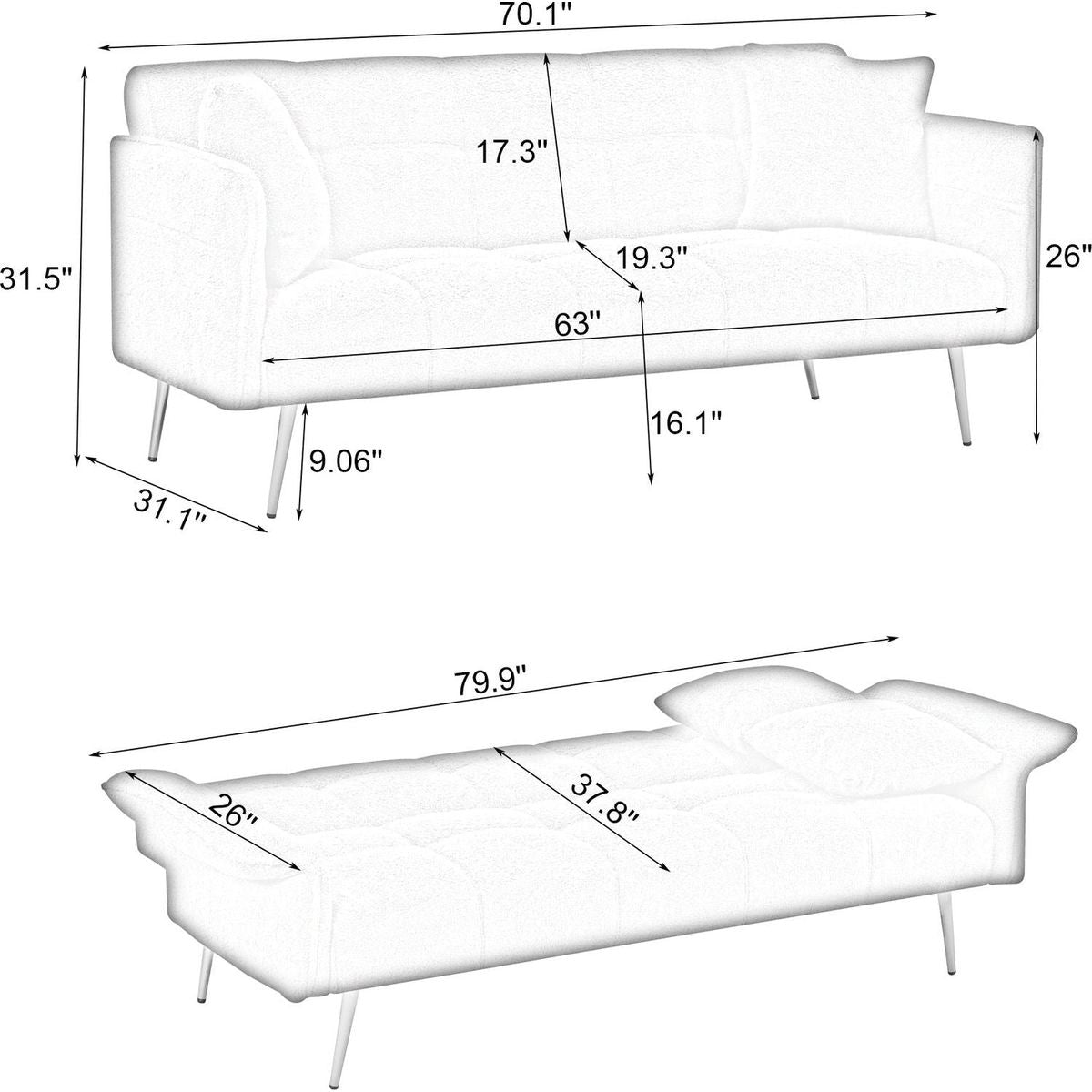 70.1 "futon sofa bed, convertible double sofa bed with folding armrests for living rooms and small Spaces