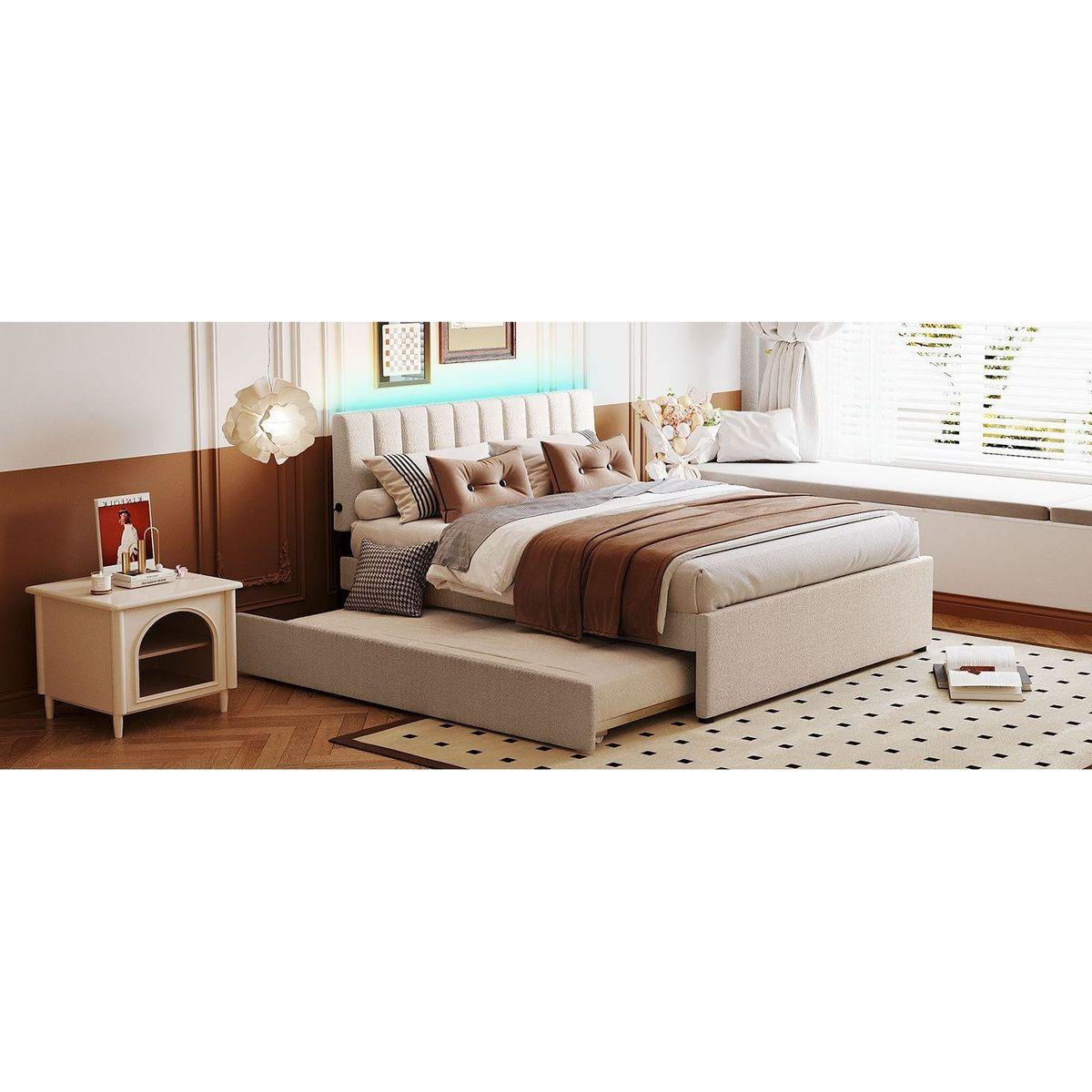 Teddy Fleece Queen Size Upholstered Platform Bed with Trundle, Beige