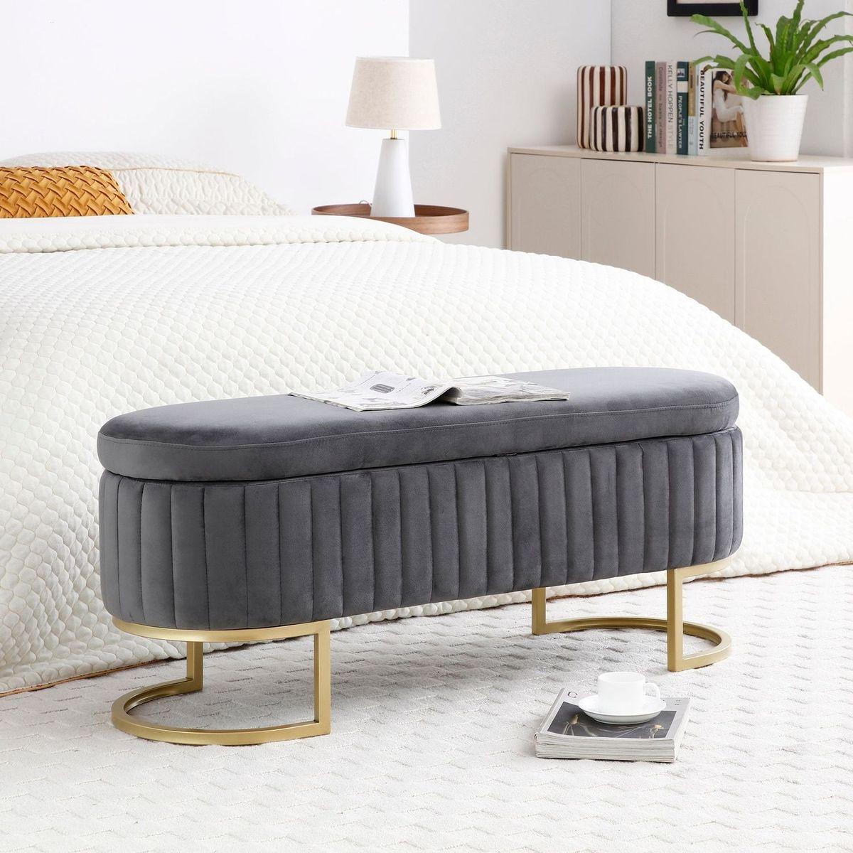 Storage Bench Bedroom Bench, Velvet Oval Upholstered End of Bed