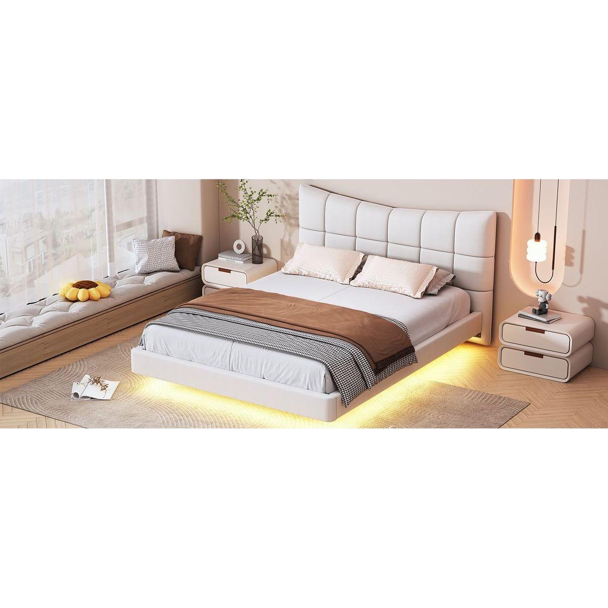 Full Size Upholstered Platform Bed with LED Lights,USB Ports and Outlets,Linen Fabric,Beige