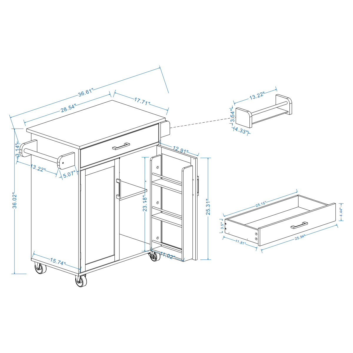 Kitchen island rolling trolley cart with 1 drawer & 2 doors with storage racks & Adjustable Shelves & towel rack & seasoning rack rubber wood table top-White - Streamdale Furniture