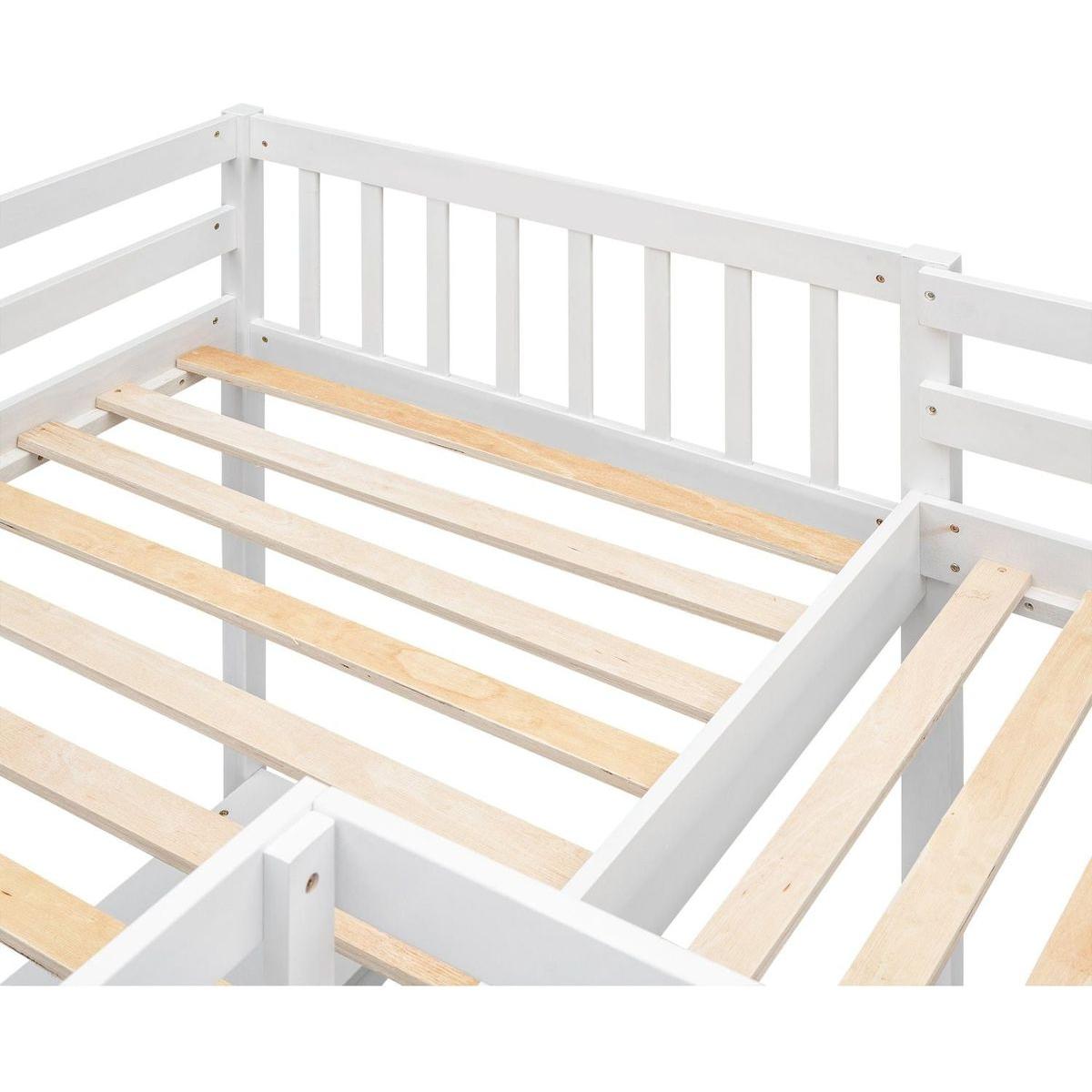 Wood Twin Size L-Shaped Loft Bed with Ladder and 2 Built-in L-Shaped Desks, White