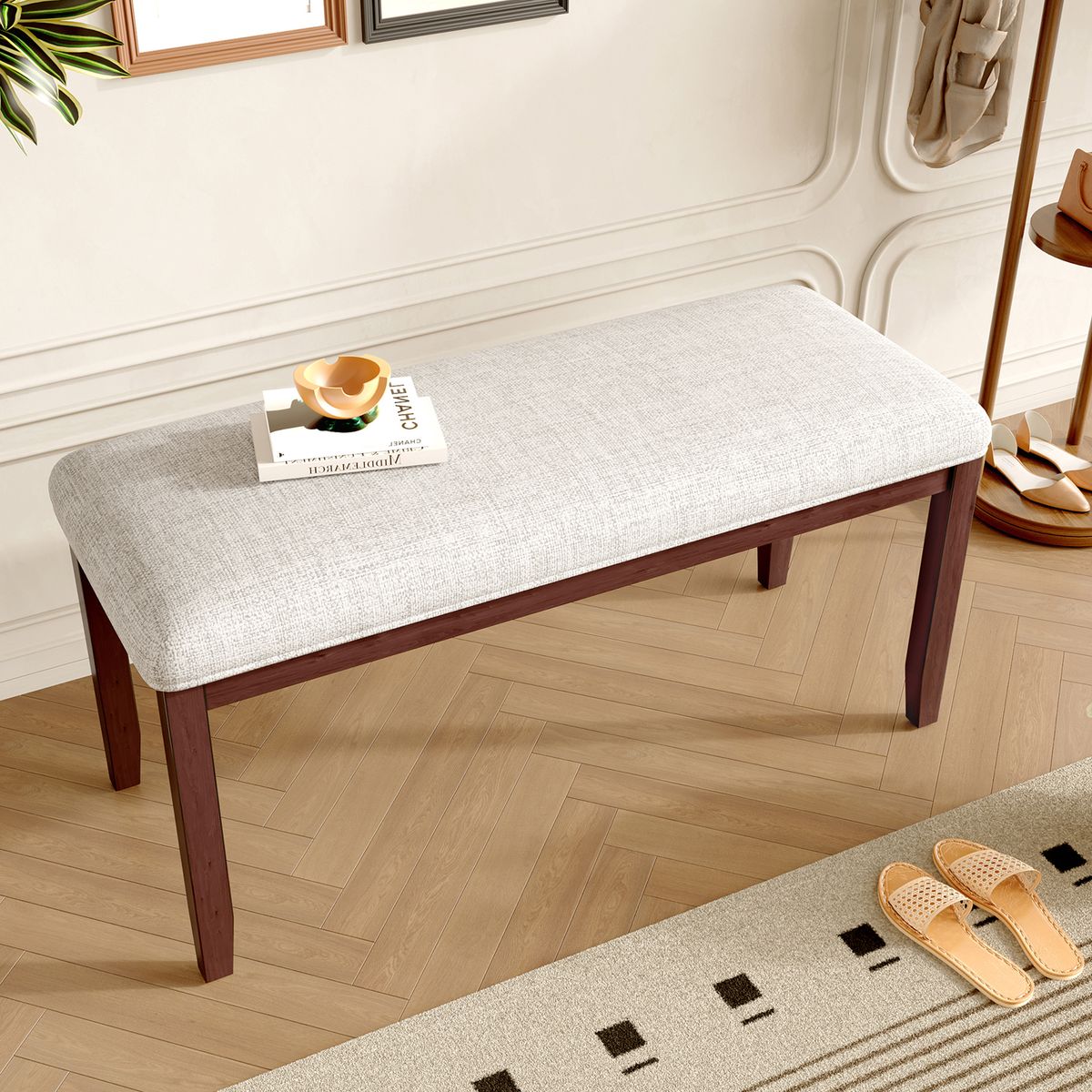 Upholstered Bench for Bedroom End of Bed,38-inch Entryway Bench for Living Room,Dining Bench with Padded Seat and Solid Wood Leg for Kitchen Bedroom,Indoor and Hallway (Bench, Beige+Cherry)
