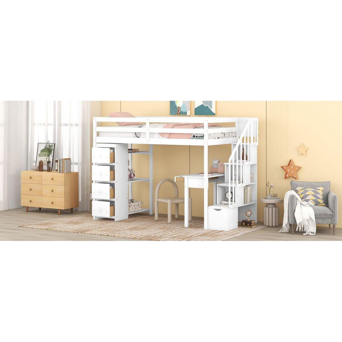 Twin size Loft Bed with Storage Drawers, Desk and Stairs, Wooden Loft Bed with Shelves - White