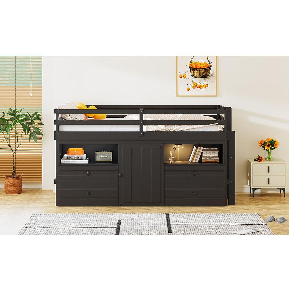 Twin Size Loft Bed with 4 Drawers, Underneath Cabinet and Shelves, Espresso