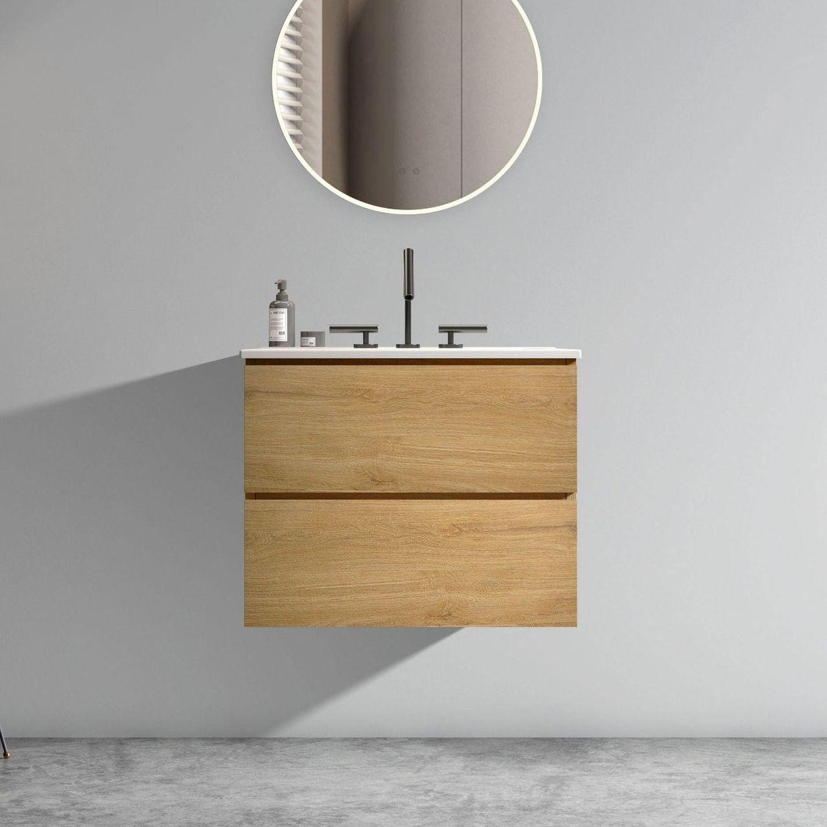 Wall Mount 24" Natural Oak Bathroom Vanity with Ceramic Sink with three faucet holes, Large Storage Floating Bathroom Vanity for Modern Bathroom, One-Piece Sink Basin without Drain, Pre-assembled