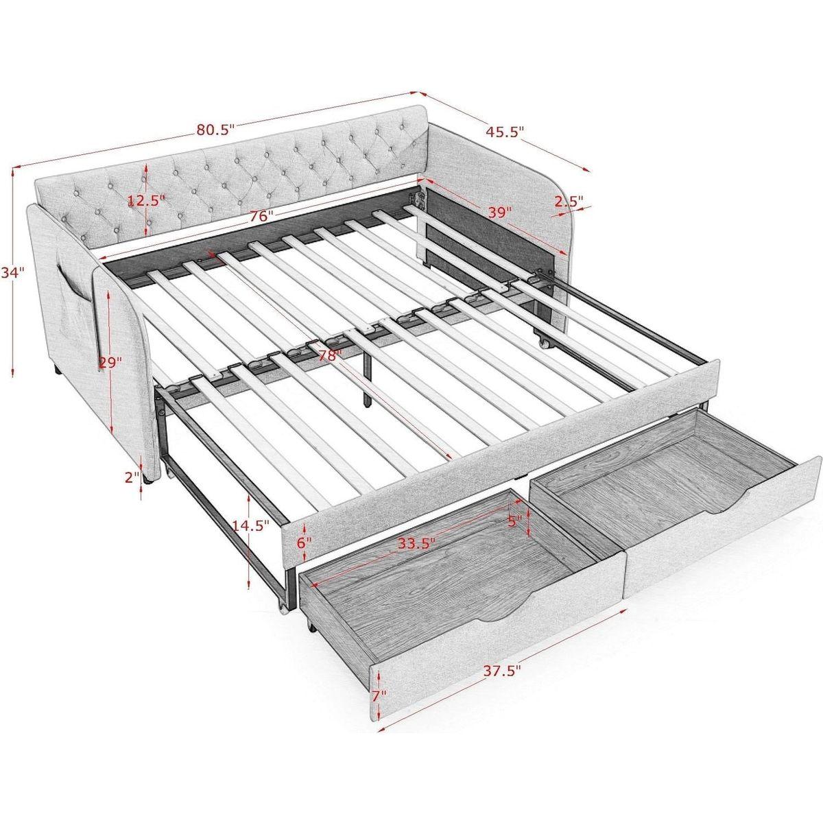 Twin Size Upholstery Daybed with Trundle Bed and Two Storage Drawers, Flat Arms with Pocket, Extendable Daybed for Bedroom Living Room,Linen Dark Gray