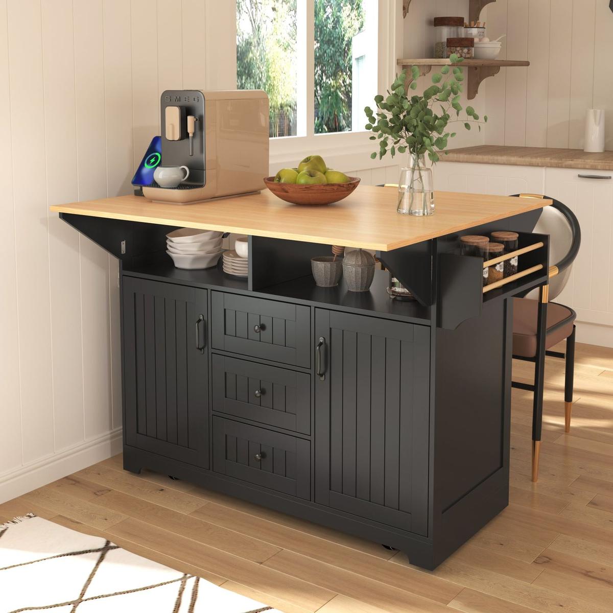 55.7" Large Kitchen Island with 2 Drop Leaf,, Rolling Kitchen Cart on 5 Wheels with Power Outlet, Folding Storage Dining Table with Spice & Towel Rack , 3 Drawers, for Kitchen, Dining Room,Black