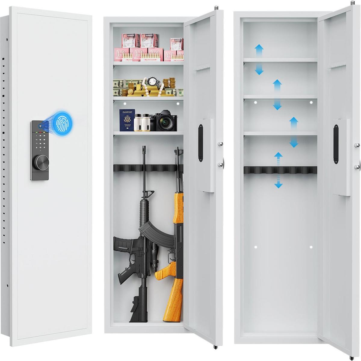 53" Fingerprint Touch Panel In-Wall Safe,Hidden Wall Gun Safe for Rifles with Adjustable Shelves,Assembled Storage Multifunctional Wall Safe for Firearm and Valuables (White-Fingerprint)