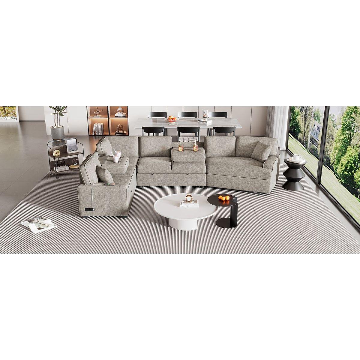 126" L-shaped Sofa Sectional Sofa Couch Pull-out Sofa Bed with Charging Devices and Cup Holders for Living Room, Beige
