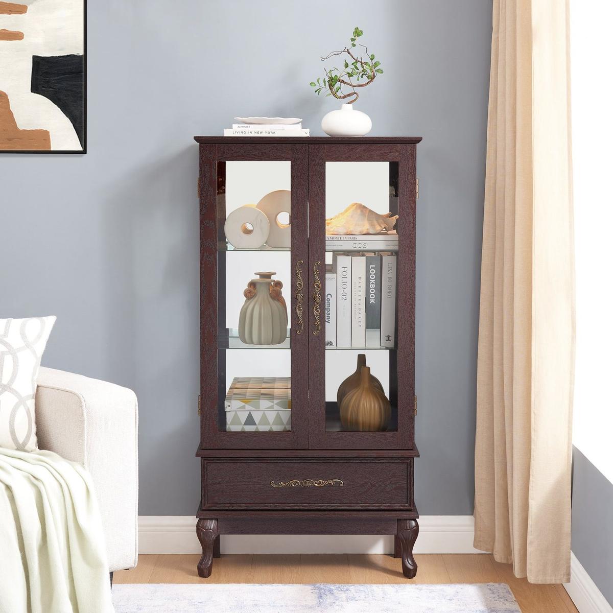 Curio Cabinet Lighted Glass Cabinet Glass Wine Cabinet Curio Display Cabinet with Adjustable Glass Shelves 2 Doors and 1 drawer Cabinet Sideboard With Bulb Included Dark Cherry - Streamdale Furniture