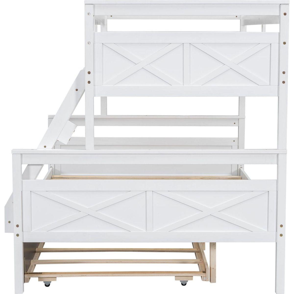 Twin over Full Bunk Bed with Ladder, Twin Size Trundle, Safety Guardrail, White