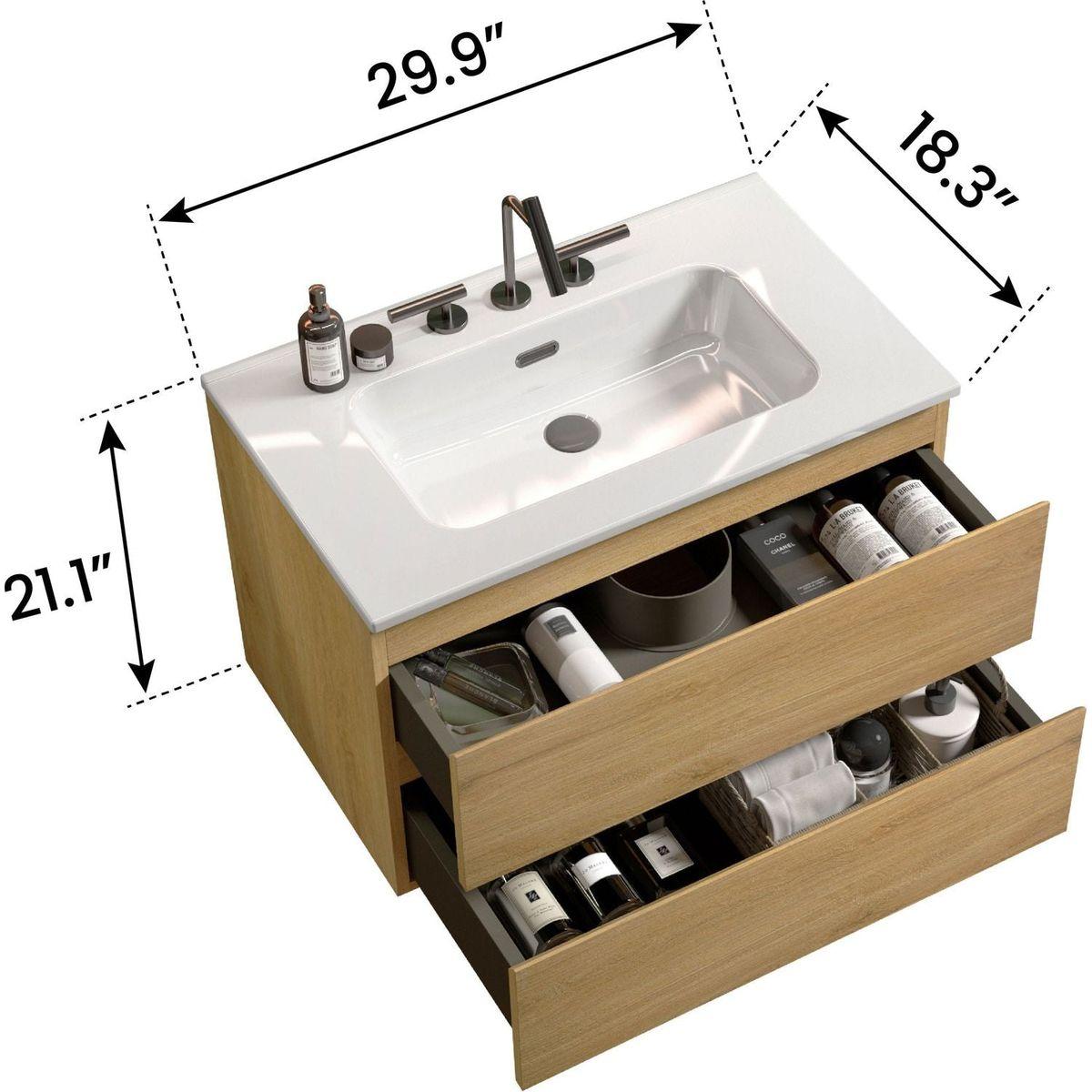 Wall Mount 30" Natural Oak Bathroom Vanity with Ceramic Sink with three faucet holes, Large Storage Floating Bathroom Vanity for Modern Bathroom, Pre-assembled