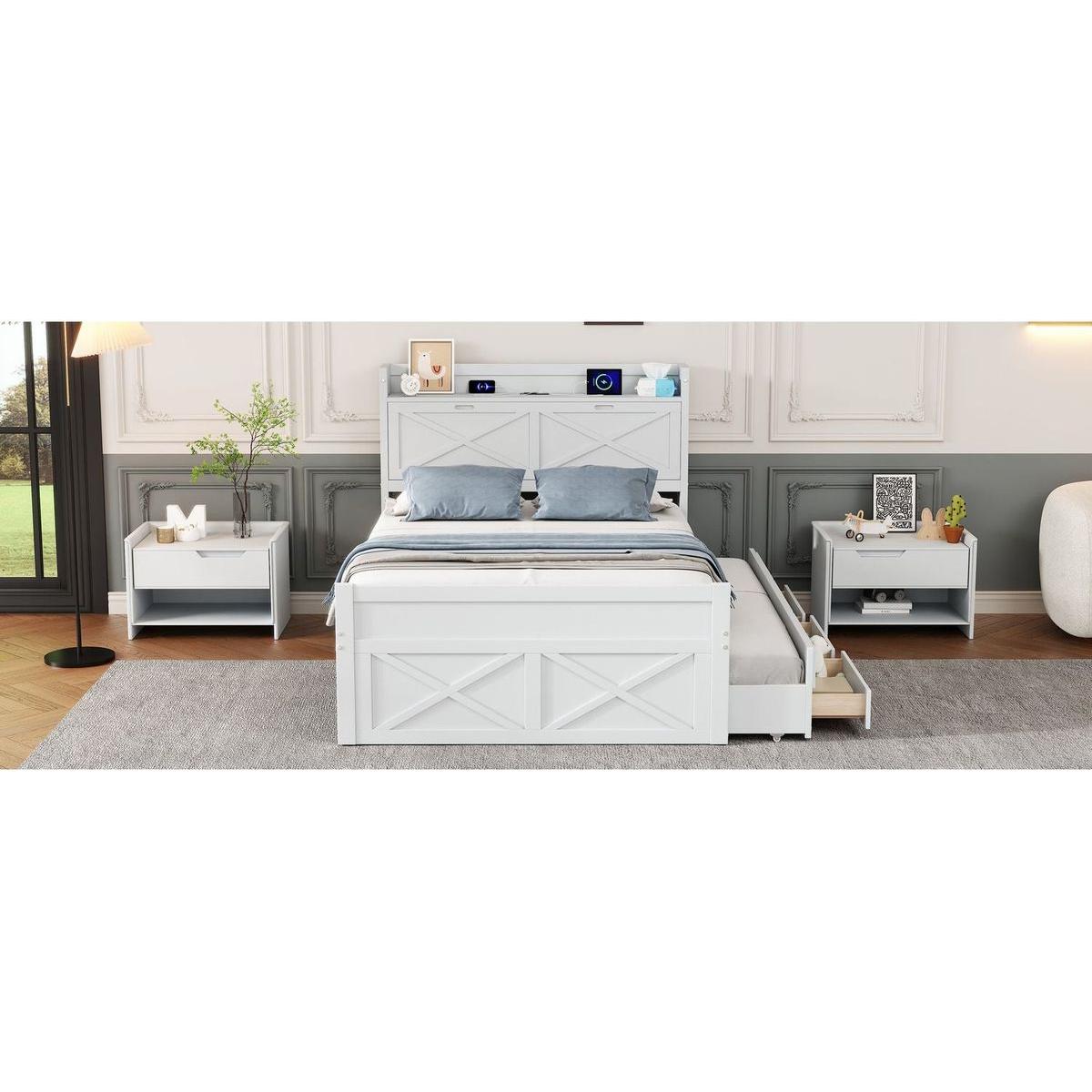 Full Size Wooden Bed with Storage Headboard with Outlets, Extendable Bed with Twin Size Trundle with Three Storage Drawers,White