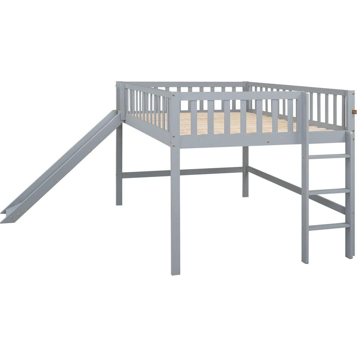 Full Size Low Loft Bed with Ladder and Slide,Gray
