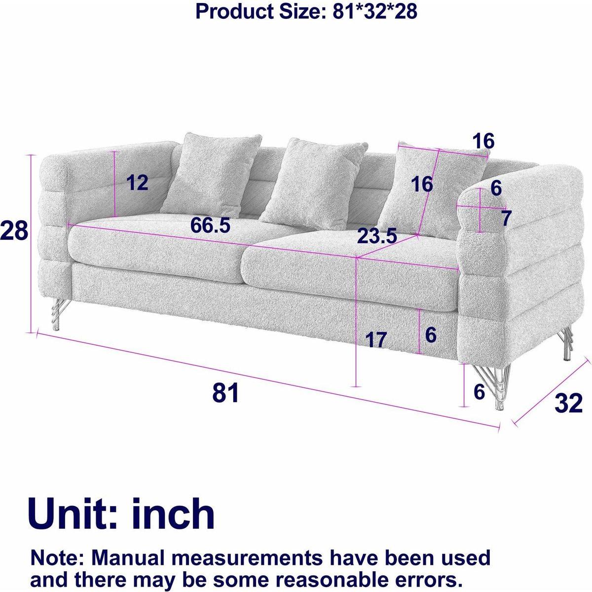 81 Inch Oversized 3 Seater Sectional Sofa, Living Room Comfort Fabric Sectional Sofe-Deep Seating Sectional Sofa, Soft Sitting with 3 Pillows for Living Room,Bedroom,Office, Black teddy