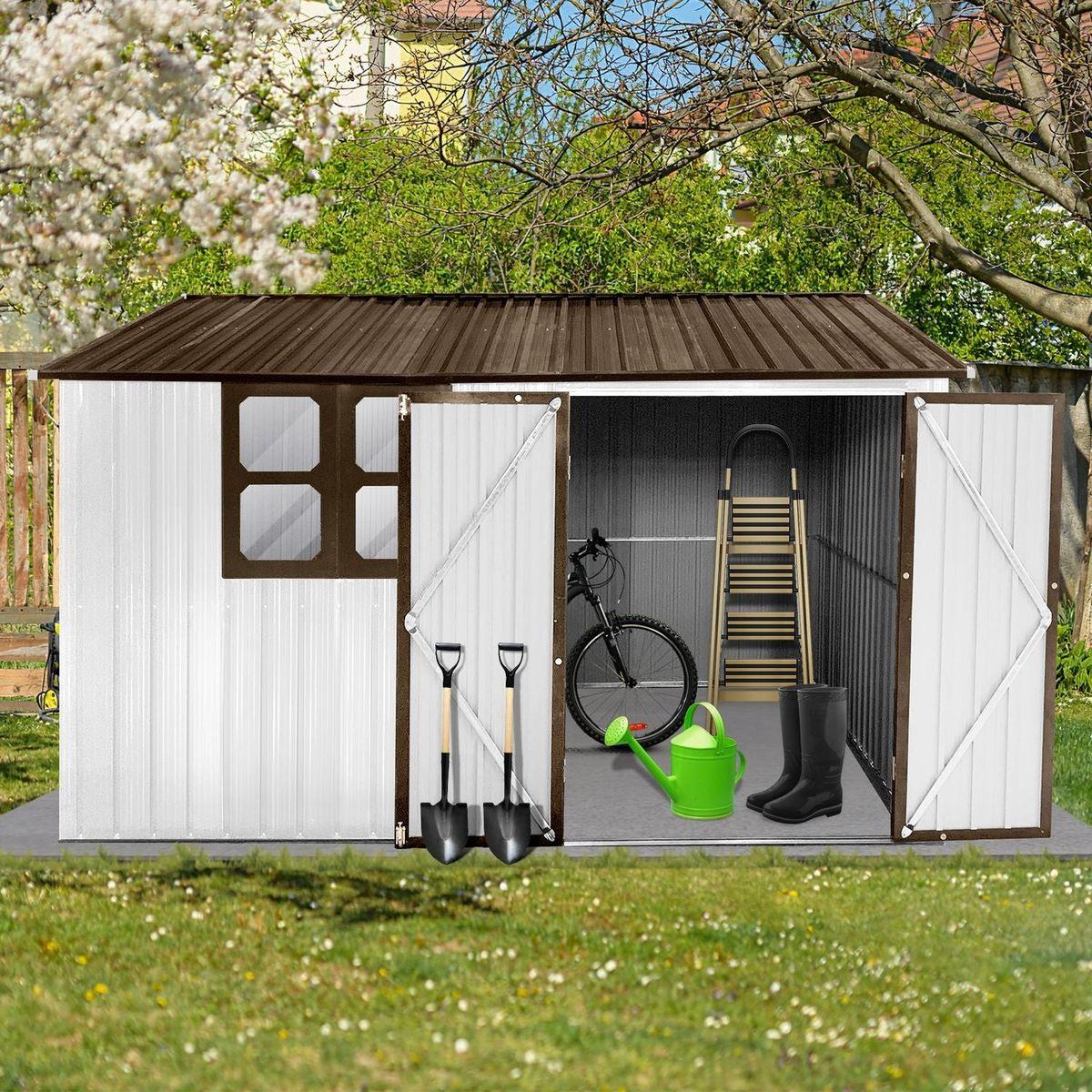 Metal garden sheds 10ftx8ft outdoor storage sheds white+coffee with window