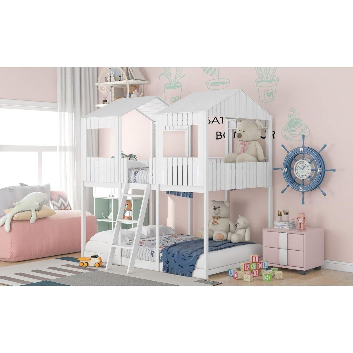 Full Over Full WoodBunk Bed with Roof, Window, Guardrail, Ladder(White)