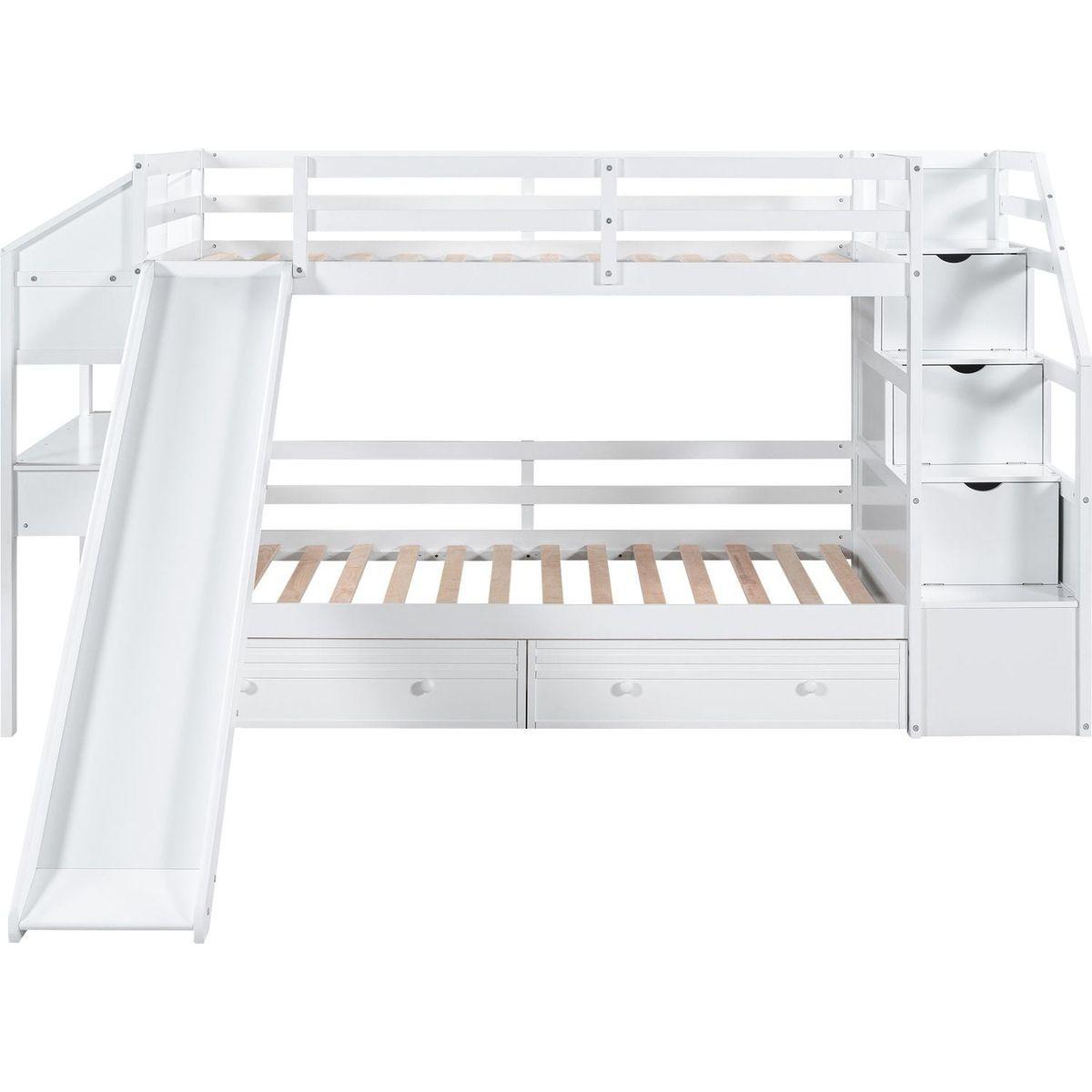 Twin over Twin Bunk Bed with Storage Staircase, Slide and Drawers, Desk with Drawers and Shelves, White