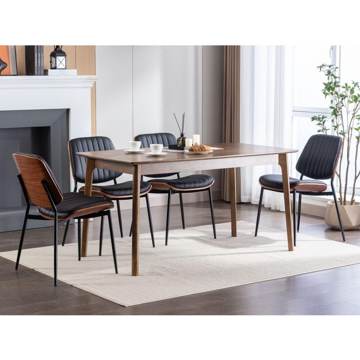 Dining Chairs Set of 2 Mid Century Modern Retro Faux Leather Chair with Walnut Bentwood Back Upholstered Seat Metal Legs Adjustable Foot for Kitchen Dining Room Chairs(Black PU)