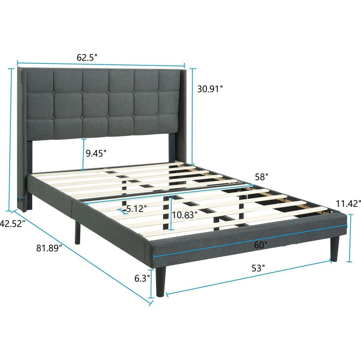 Queen Size Upholstered Platform Bed Frame with Modern Button Tufted Linen Fabric Headboard, No Box Spring Needed, Wood Slat Support, Easy Assembly, Drak Grey