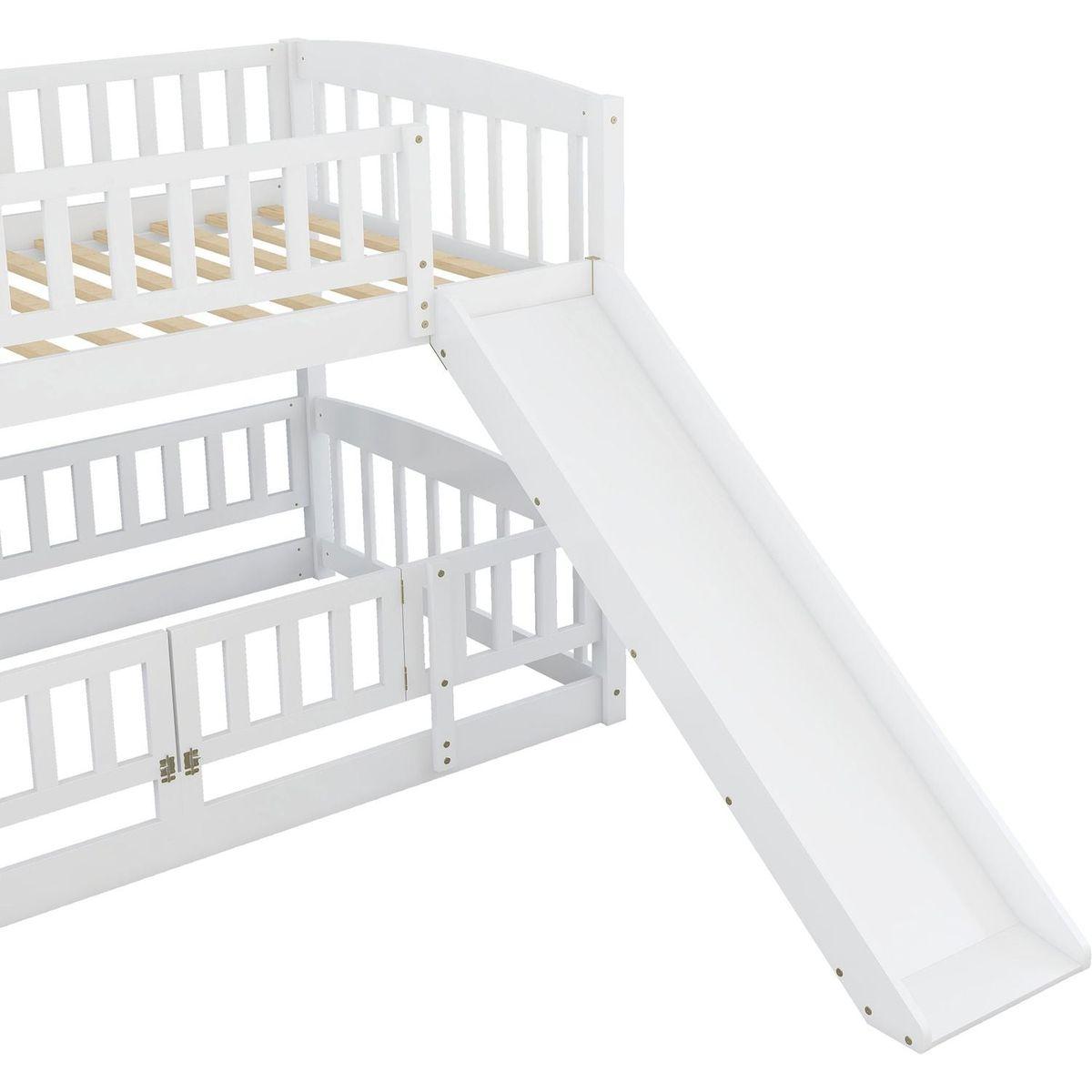 Bunk Bed with Slide,Twin Over Twin Low Bunk Bed with Fence and Ladder for Toddler Kids Teens White